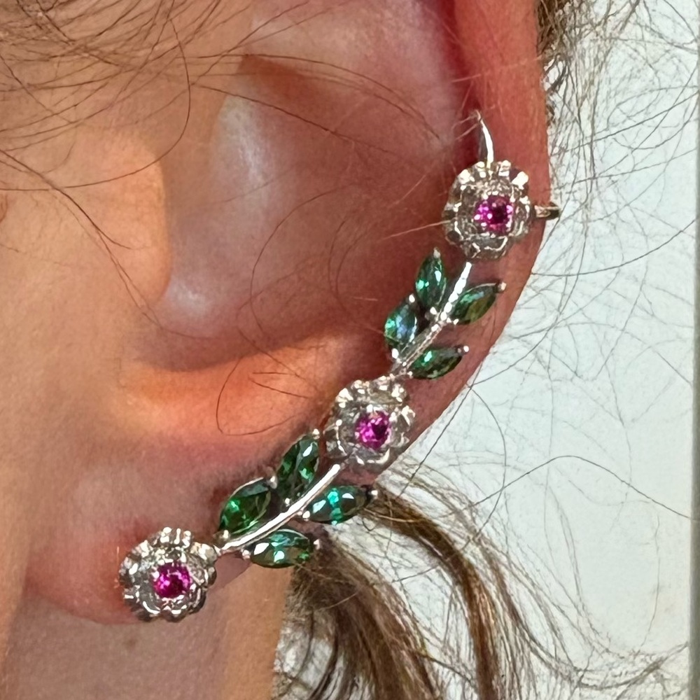 STS karis earring ear climber rhinestones silver pink green floral flower single